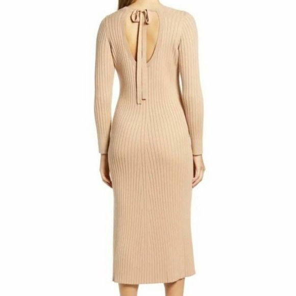 NEW Wayf Ribbed Knit Sweater Dress Midi Tan Cutout Tie Emily x Dede Size Medium - Picture 4 of 10